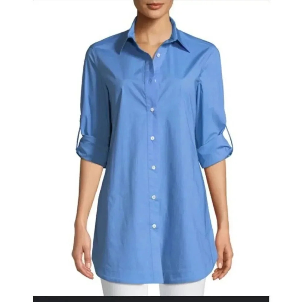New $298 Misook Button Down Shirt Sz 2X Blue Painter Pockets Long Sleeve Cotton